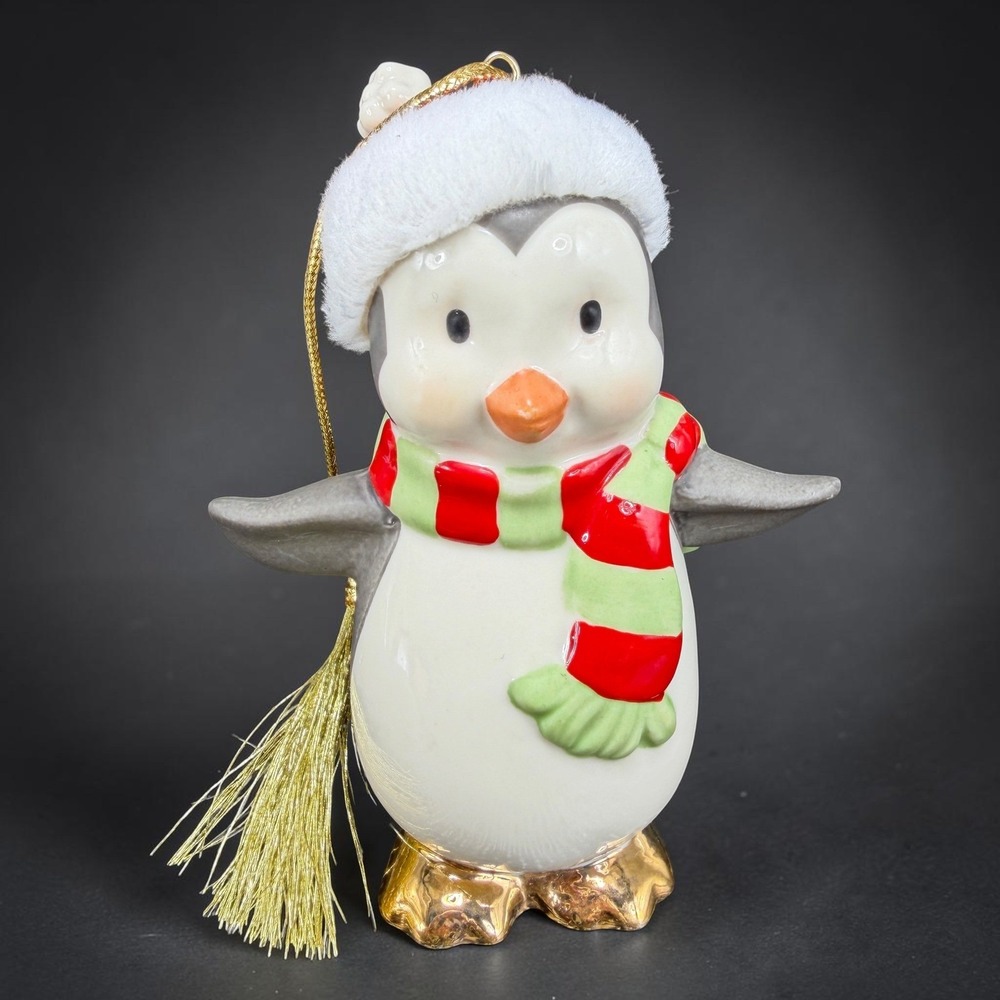 Lenox Porcelain Penguin Christmas Ornament Gold Feet Scarf Santa Hat Tassel